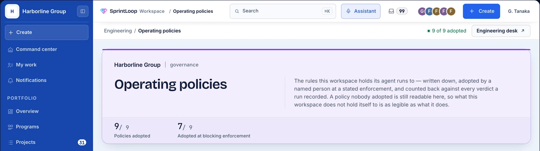 The operating-policy register: nine policies in the workspace, nine adopted, seven of them adopted at blocking enforcement, with the standing counted against its own denominator.